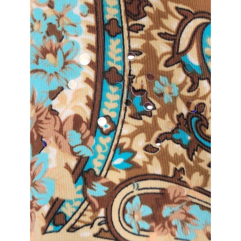 Susan Lawrence Peplum Top Paisley Sequin Faux Wrap Bohemian Career Blue Brown M - Picture 8 of 10